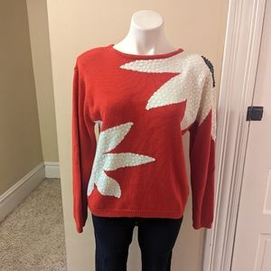 Vintage red sweater with white and black sequin flowers size S shoulder pads